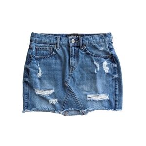 Y2k Express Distressed Blue Denim Low Rise Raw Hem Mini Skirt